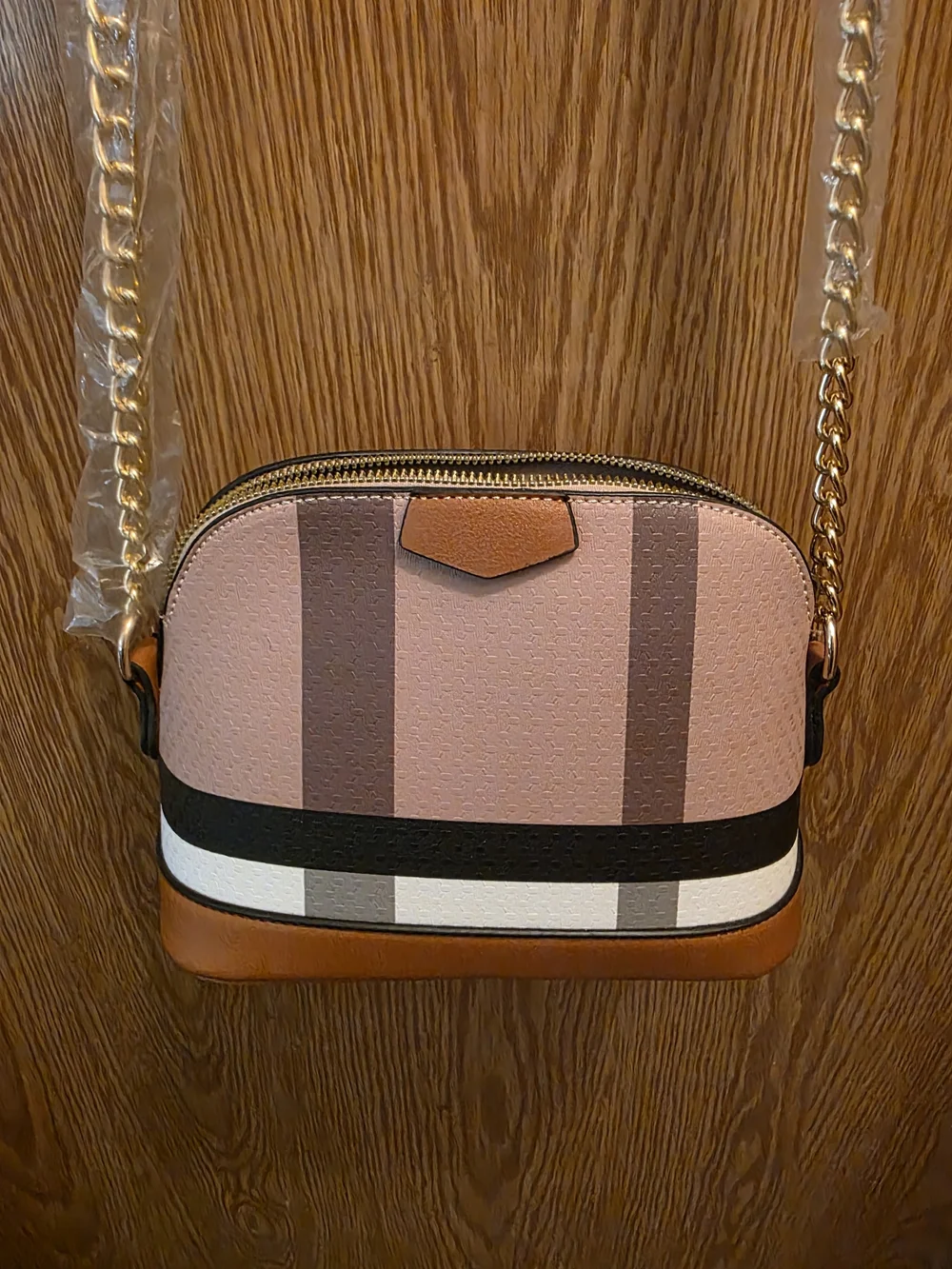 Women’s Pink Stripe Crossbody Bag with Gold Chain